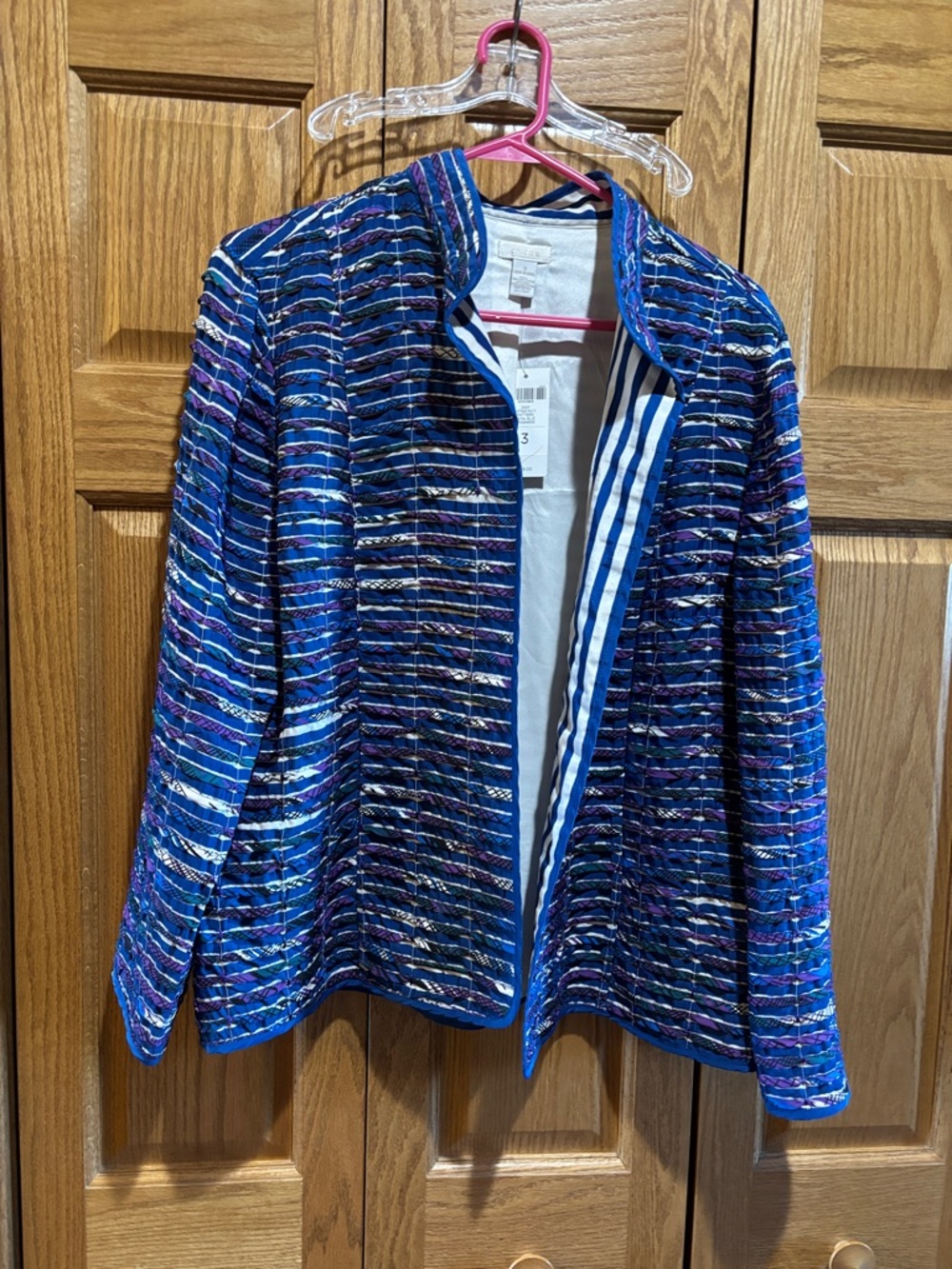 Chico's Blue Multi-Stripe Open-Front Jacket